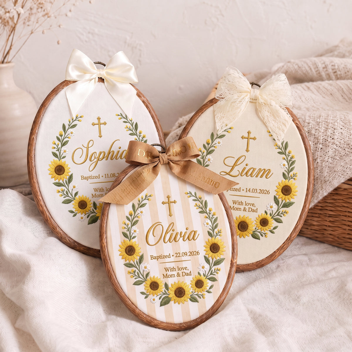 Personalized Baby Name Sunflower Baptism Embroidery Hoop Art Custom Christening Keepsake
