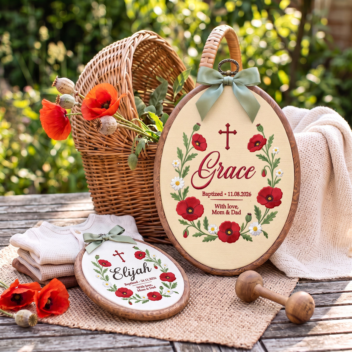 Personalized Baby Name Poppy Baptism Embroidery Hoop Art Custom Christening Keepsake
