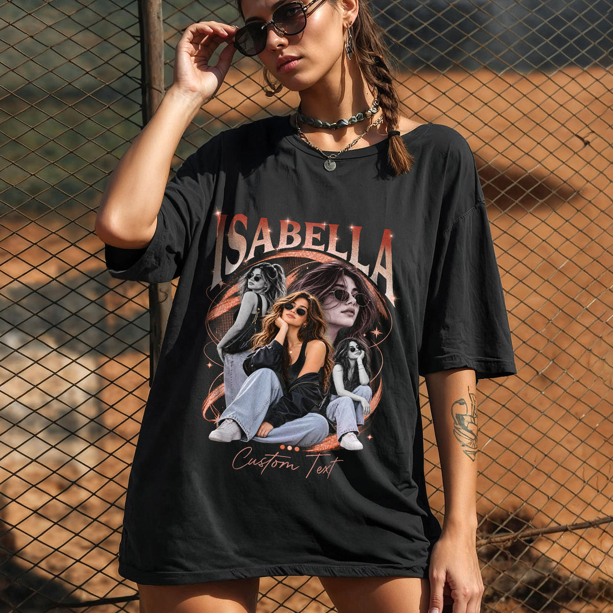 Custom Photo T-Shirt Vintage Neon Graphic Collage Shirt Custom Name Retro Sparkle Tee
