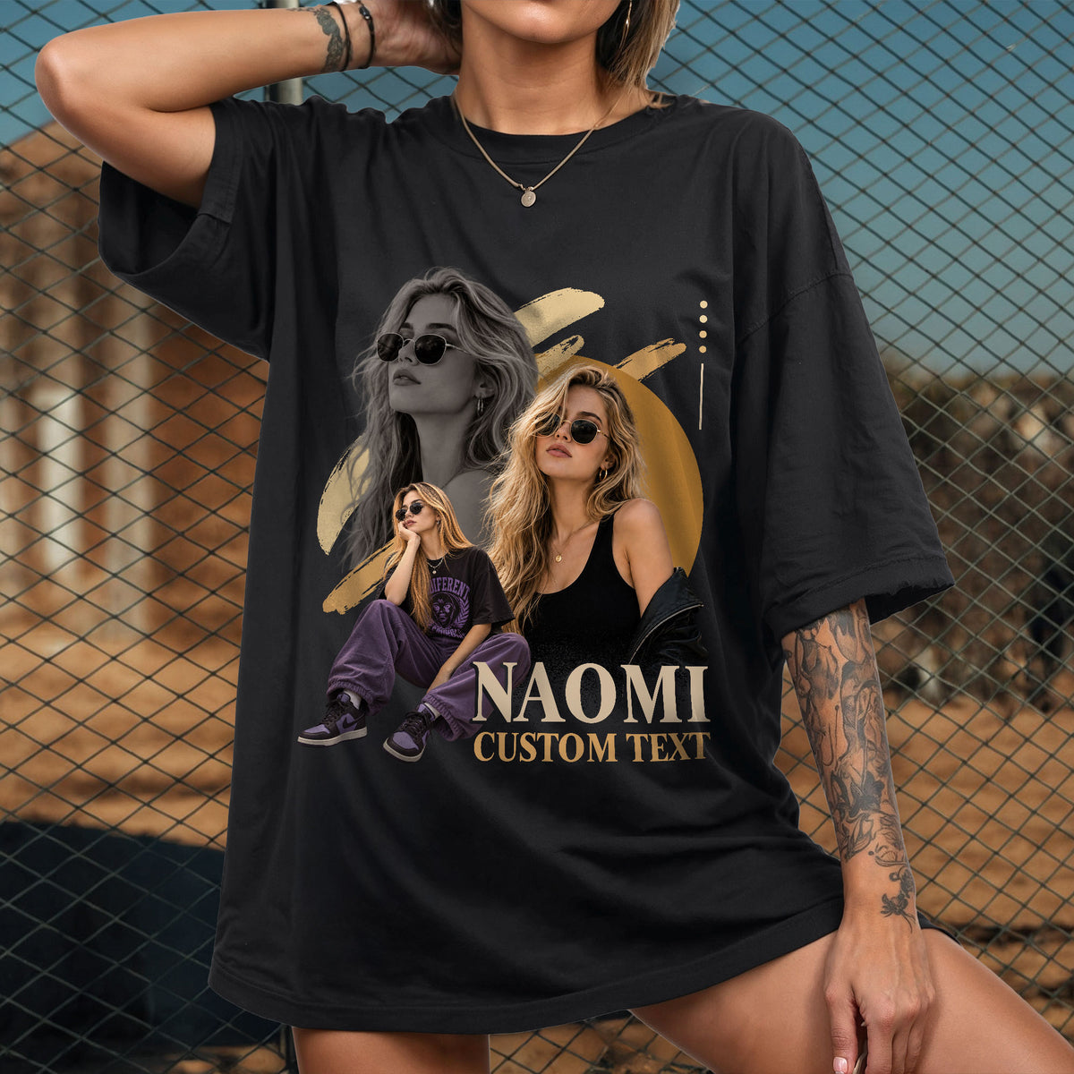 Custom Photo T-Shirt Vintage Graphic Collage Shirt Custom Name Retro Brush Stroke Tee