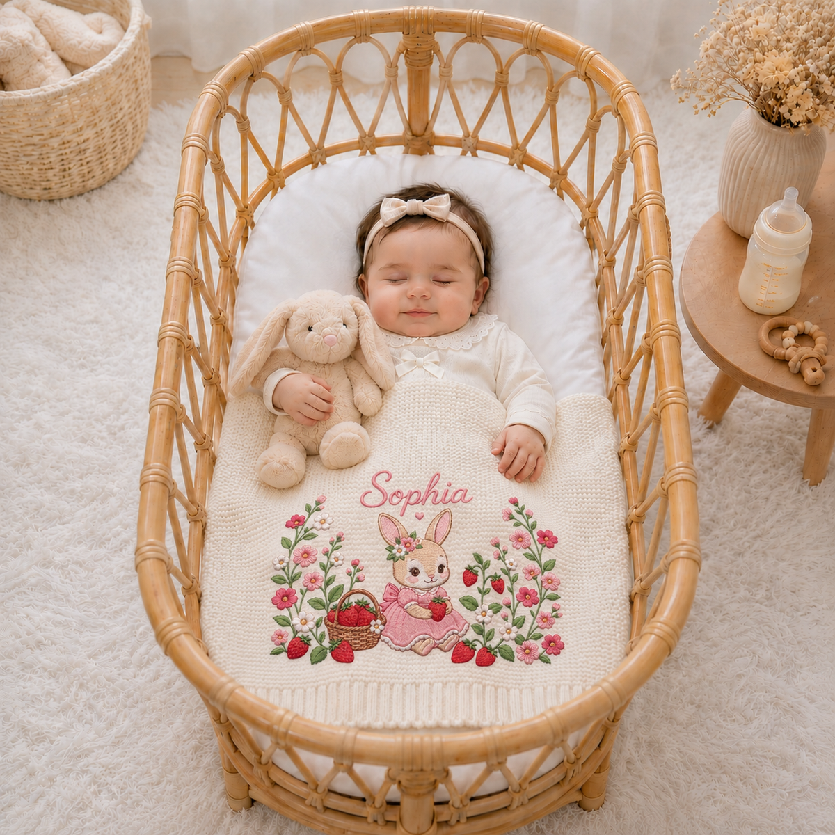 Custom Name Baby Knitted Blanket Bunny Rabbit Strawberry Flowers Warm Infant Swaddle Throw
