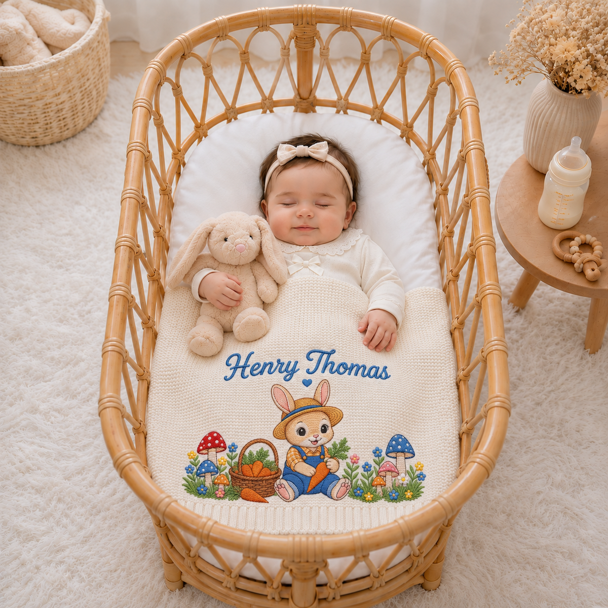 Custom Name Baby Knitted Blanket Bunny Rabbit Mushrooms Carrots Warm Infant Swaddle Throw