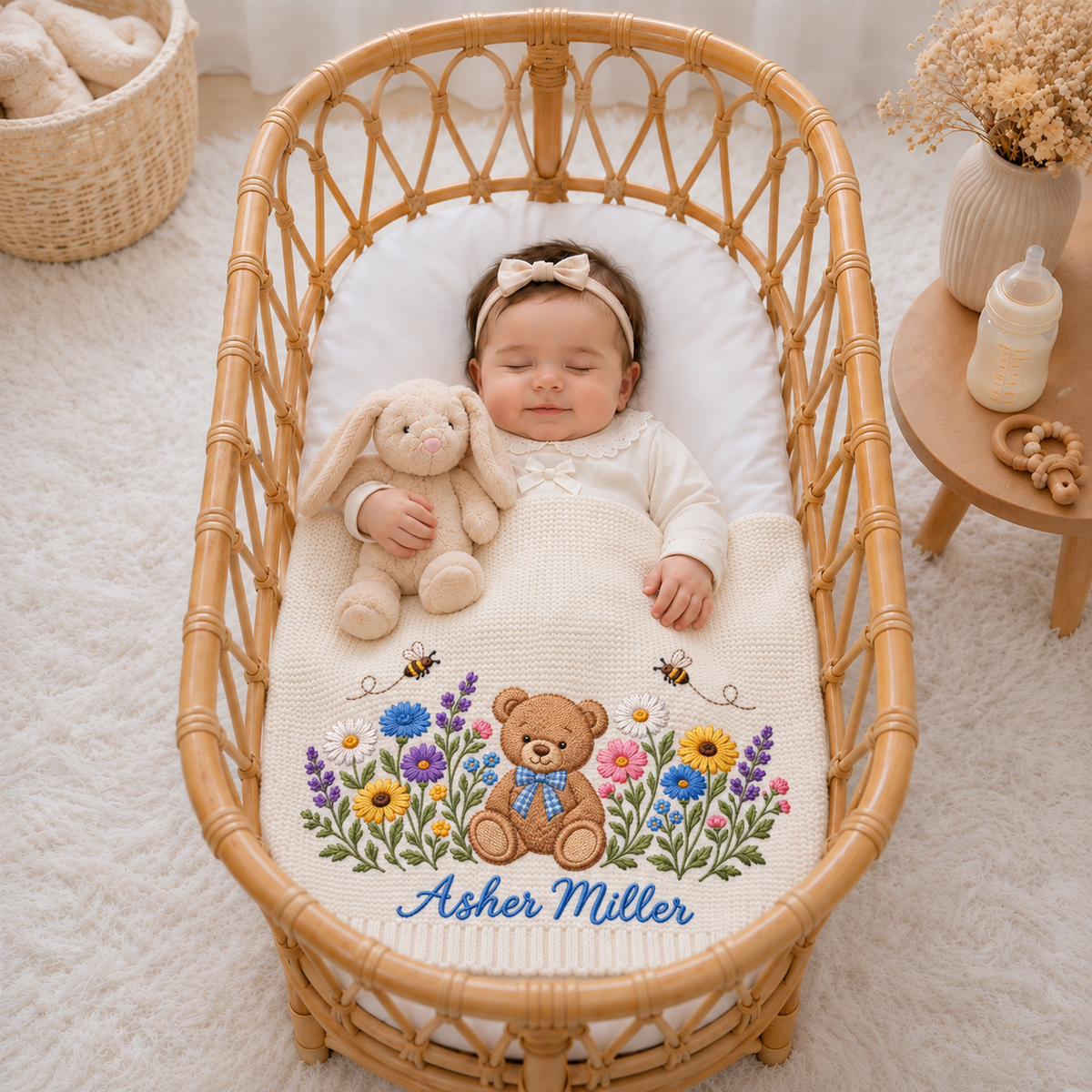 Custom Name Baby Knitted Blanket Teddy Bear Bees Wildflowers Warm Infant Swaddle Throw