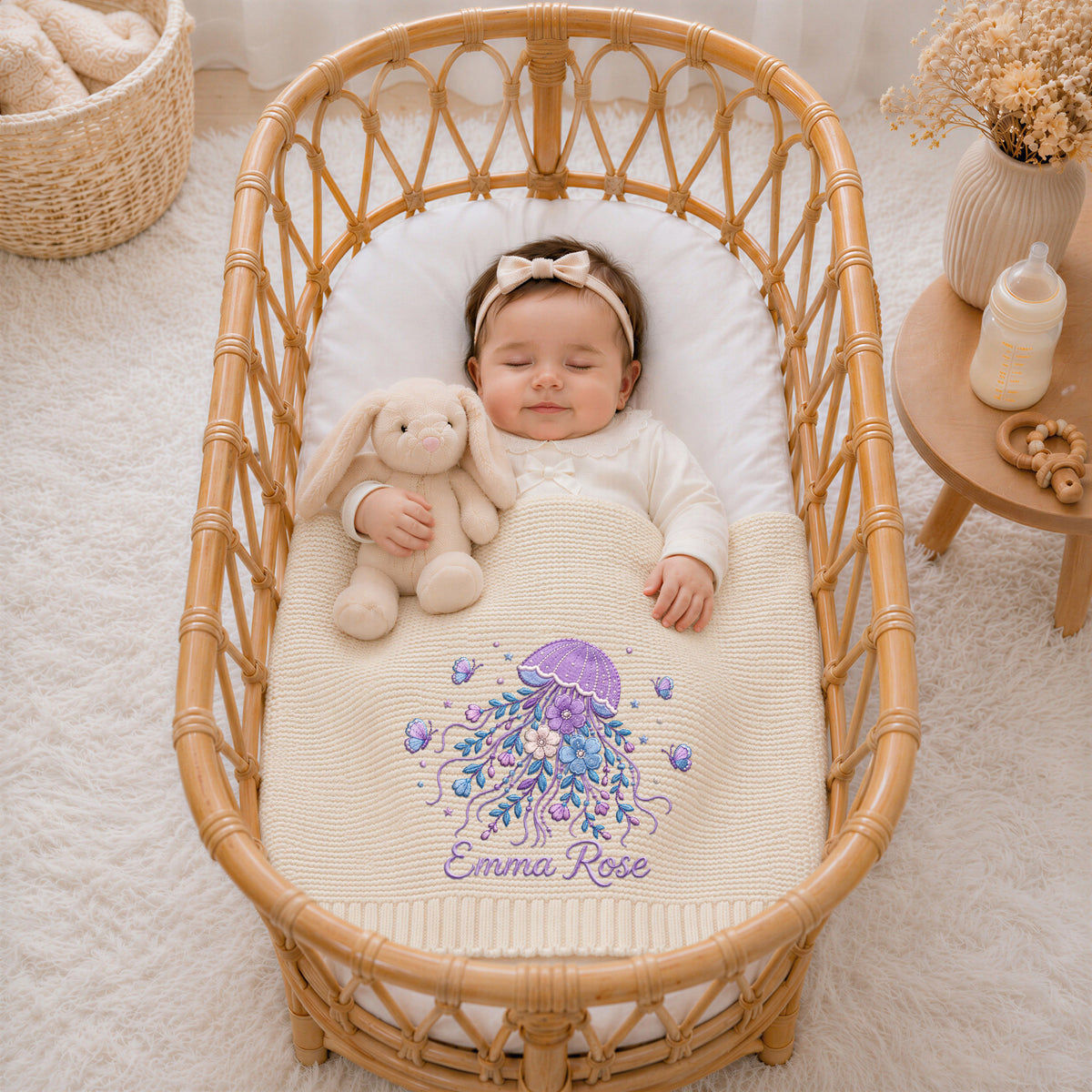 Custom Name Baby Knitted Blanket Jellyfish Floral Butterflies Warm Swaddle Sheet Throw