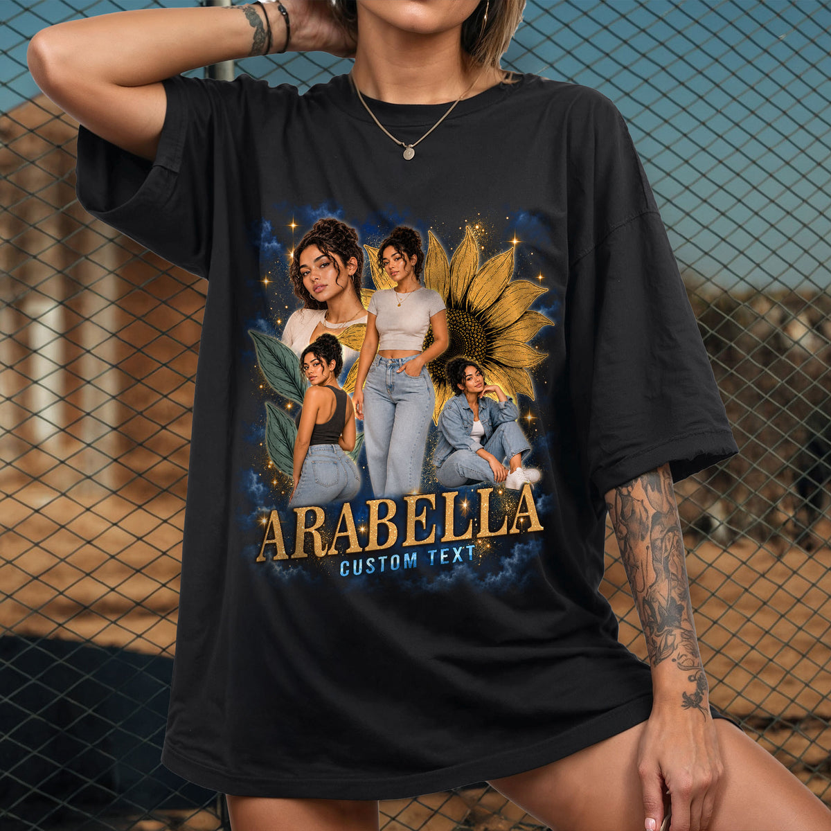 Personalized Vintage Sunflower Custom Photo Graphic Tee Shirt Retro Cotton Apparel