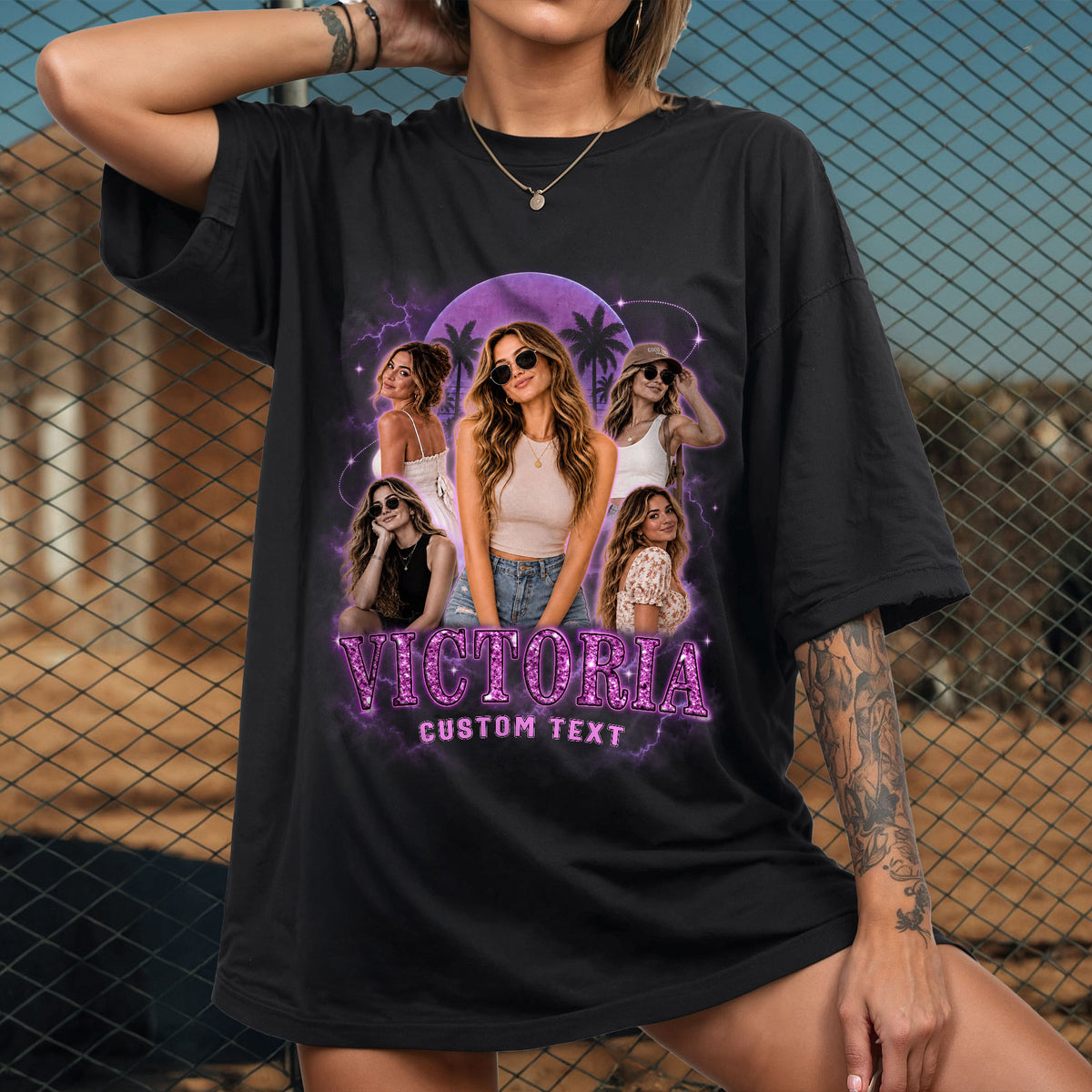 Personalized Vintage Sunset Palm Custom Photo Graphic Tee Shirt Retro Cotton Apparel