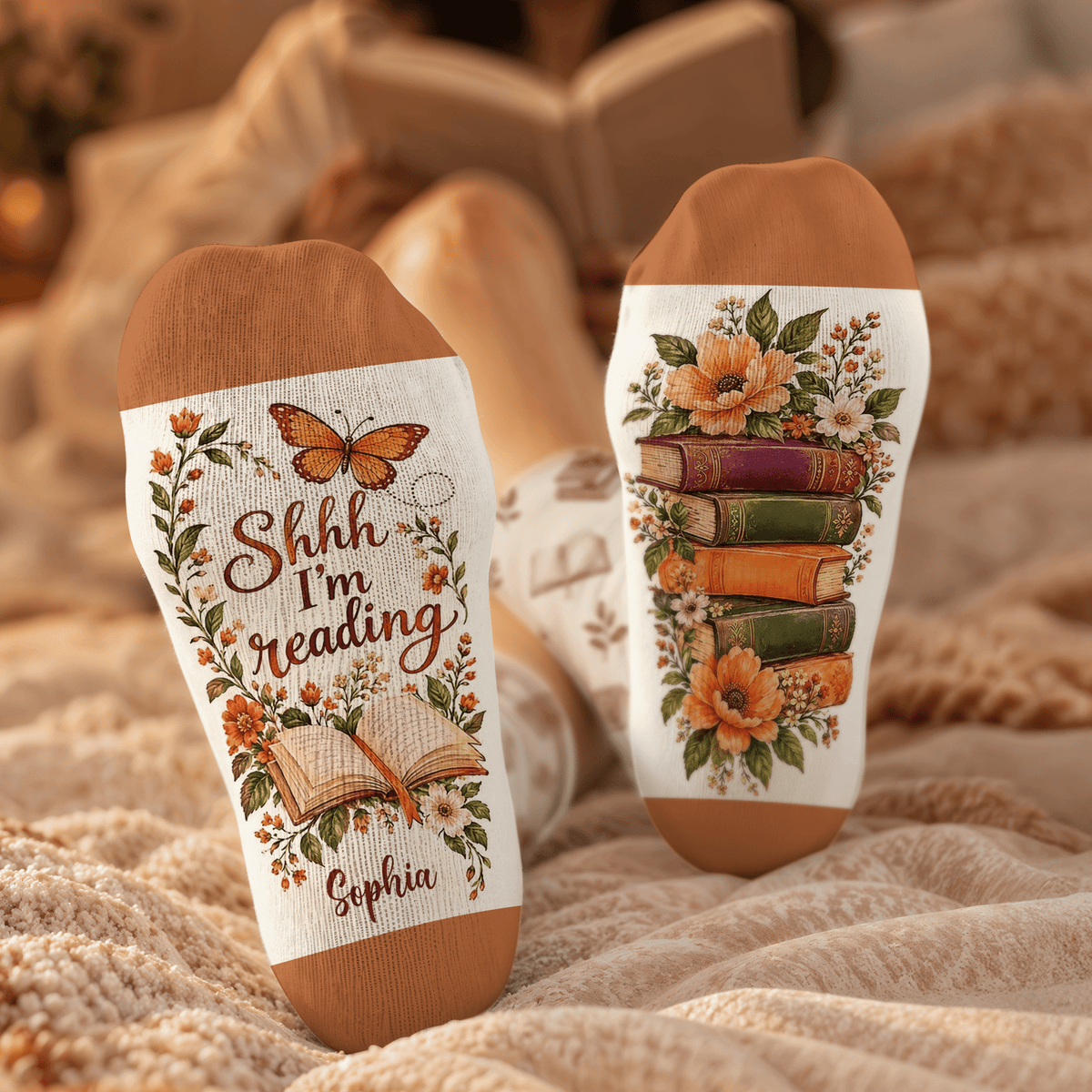 Custom Book Socks with Floral Butterfly, Socks for Women and Men with Style, Christmas Gifts and Book Lovers Gifts for Reading Time, Pallyprints Co.