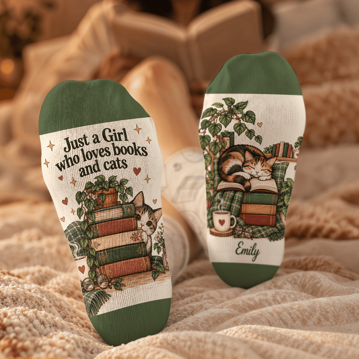 Custom Book Socks with Girl and Cat Reader Art, Socks for Women and Men with Style, Christmas Gifts and Book Lovers Gifts for Reading, Pallyprints Co.