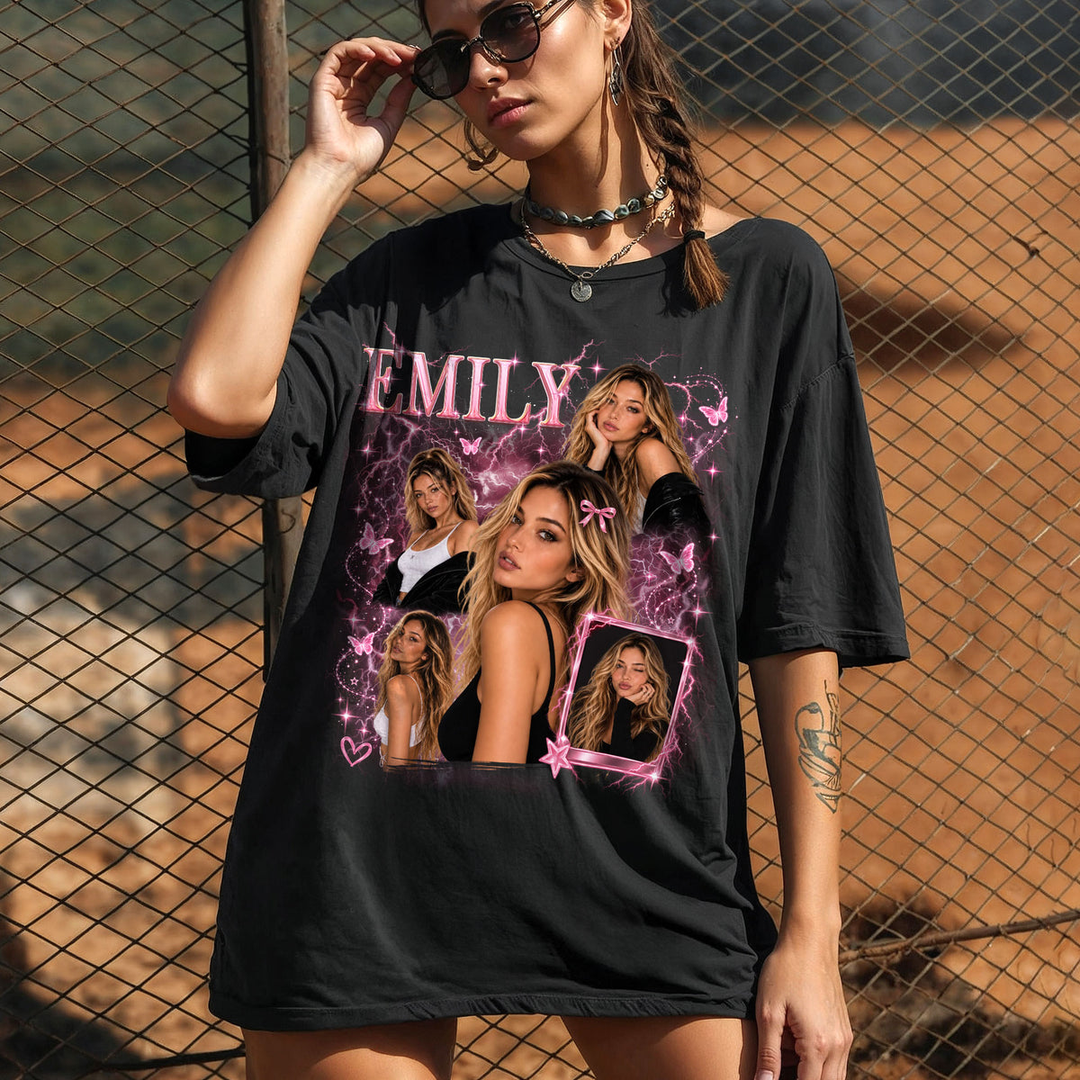 Personalized Vintage Butterfly Bow Custom Photo Graphic Tee Shirt Retro Cotton Apparel