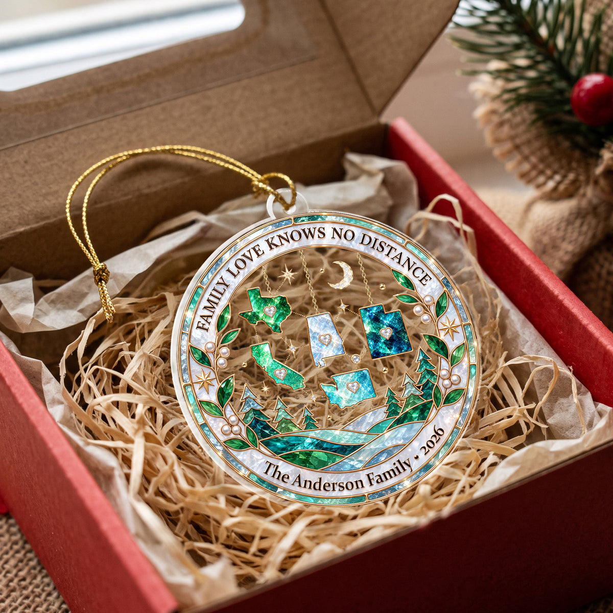 Personalized Family Love Knows No Distance Acrylic Ornament Custom Christmas State Gift