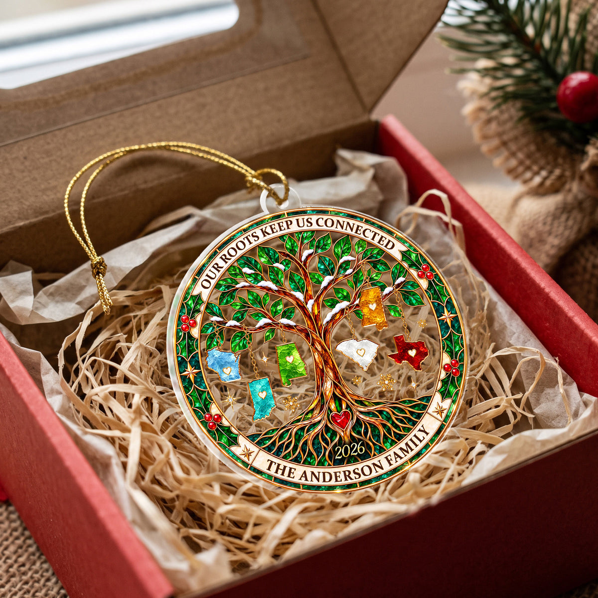Custom Family Tree State Acrylic Ornament Long Distance Christmas Tree Keepsake Gift