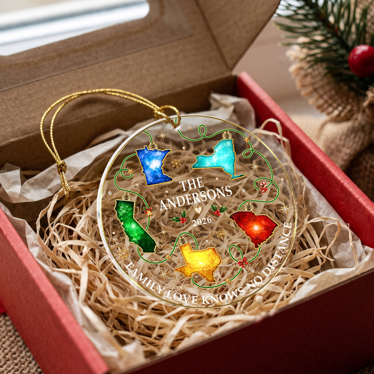 Personalized Christmas Light State Acrylic Ornament Long Distance Family Tree Decor