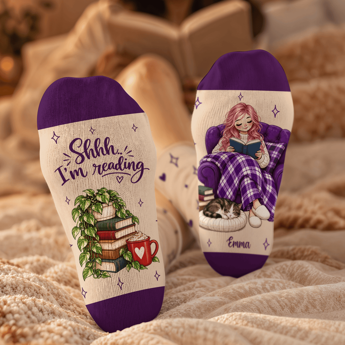 Cat Reader Custom Book Socks, Socks for Women and Men with Soft Comfort, Book Lovers Gifts and Christmas Gifts for Cozy Reading Time, Pallyprints Co.