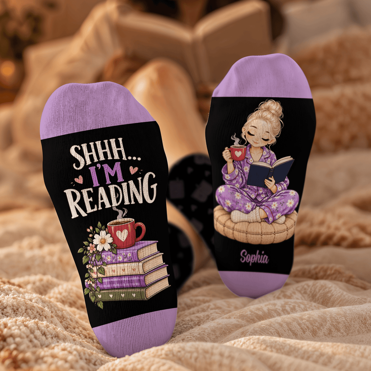 Custom Book Socks with Black Reader Art, Socks for Women and Men with Comfort, Christmas Gifts and Book Lovers Gifts for Reading Time, Pallyprints Co.