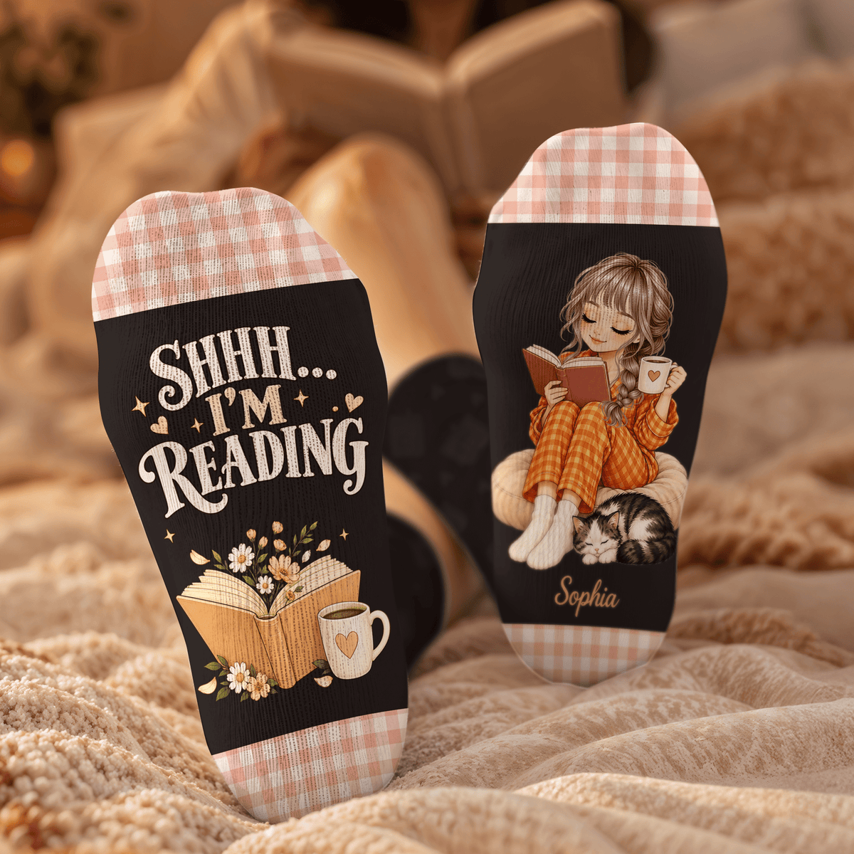 Short Hair Reader Custom Book Socks, Socks for Women and Men with Comfort, Book Lovers Gifts and Christmas Gifts for Quiet Reading, Pallyprints Co.