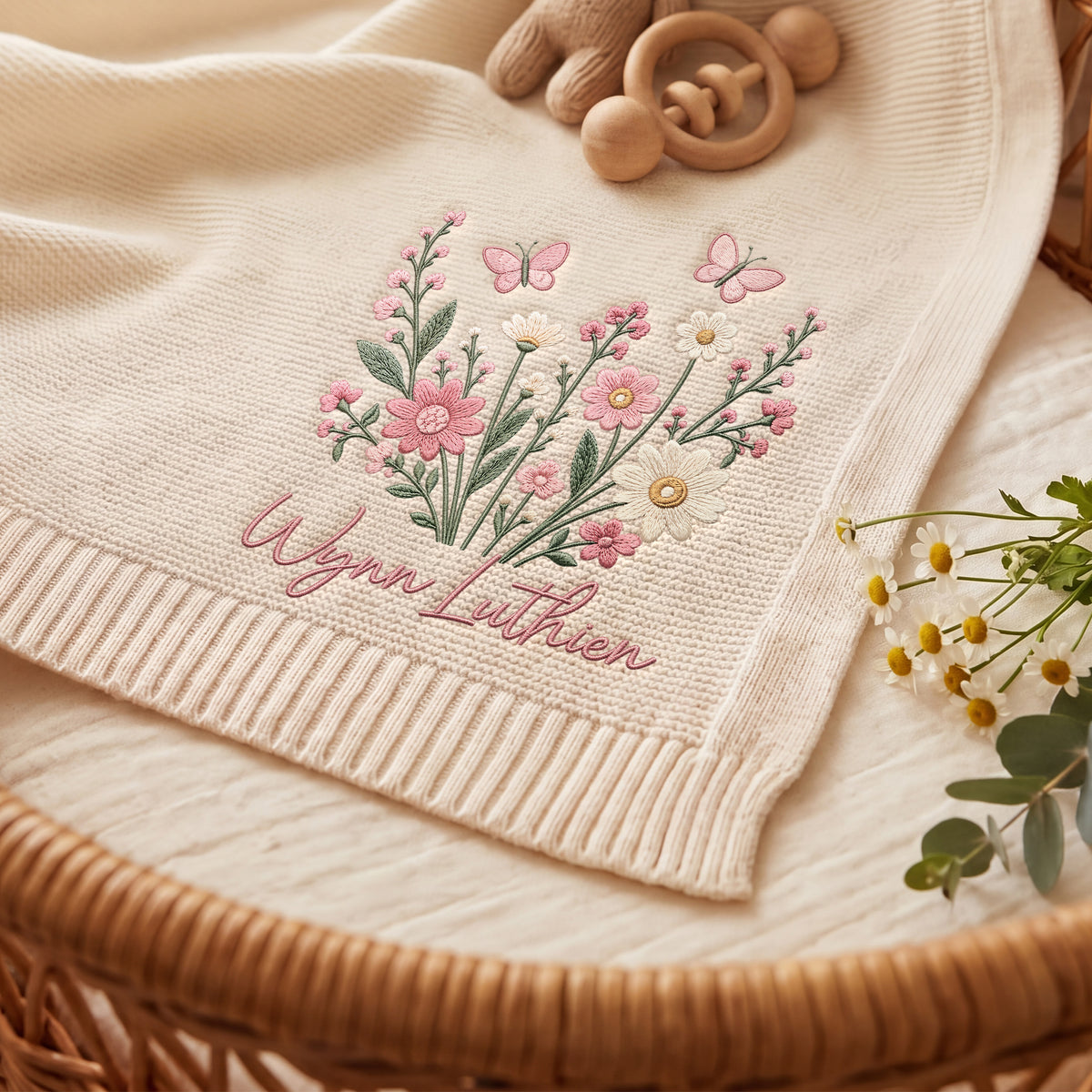 Personalized Embroidered Baby Name Blanket Floral Butterfly Custom Knit Blanket Baby Gift