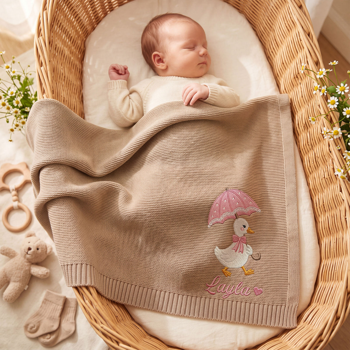Personalized Embroidered Baby Name Blanket Cute Duck Umbrella Custom Knit Baby Shower Gift