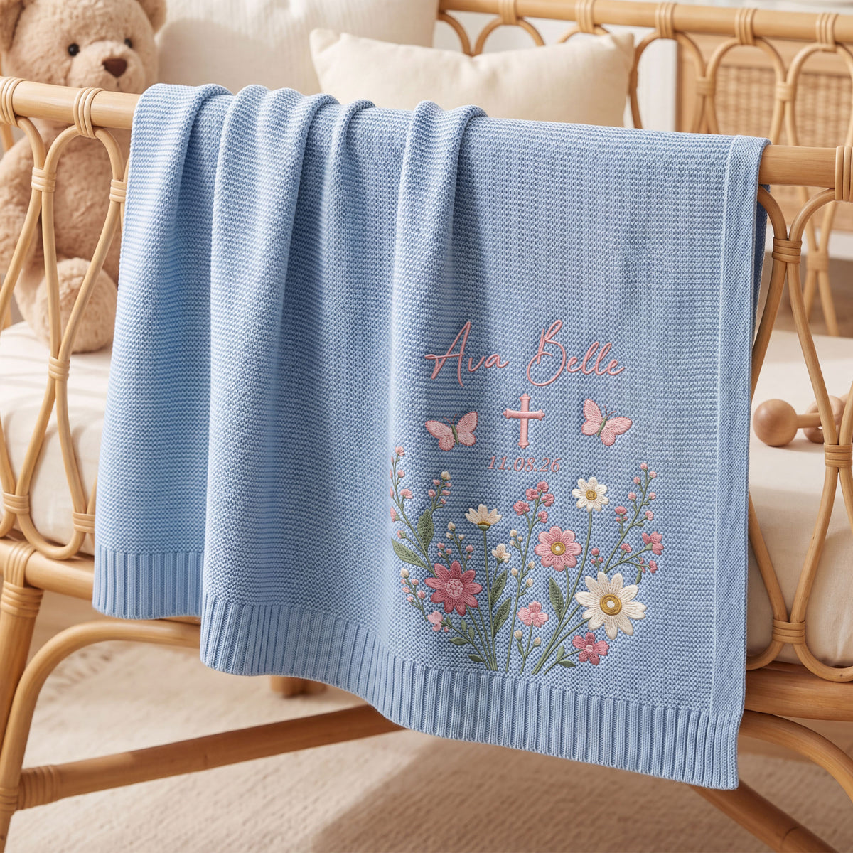 Personalized Embroidered Baby Name Blanket Baptism Cross Floral Knit Baby Shower Gift