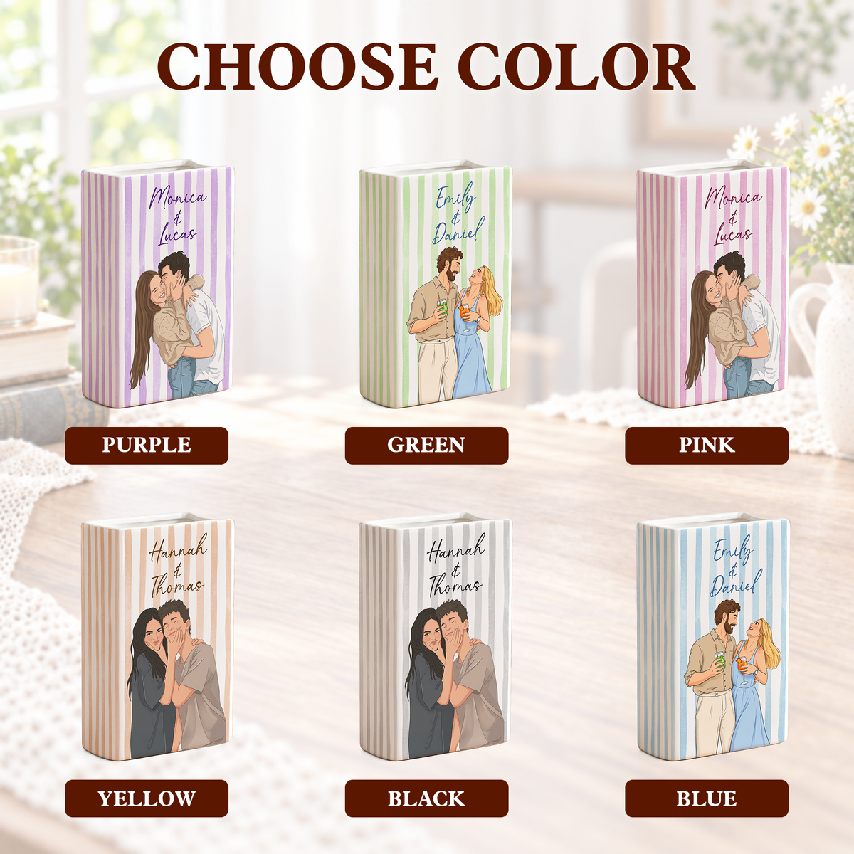 Custom Wedding Book Vase Couple Portrait Striped Pattern Ceramic Flower Tabletop Holder