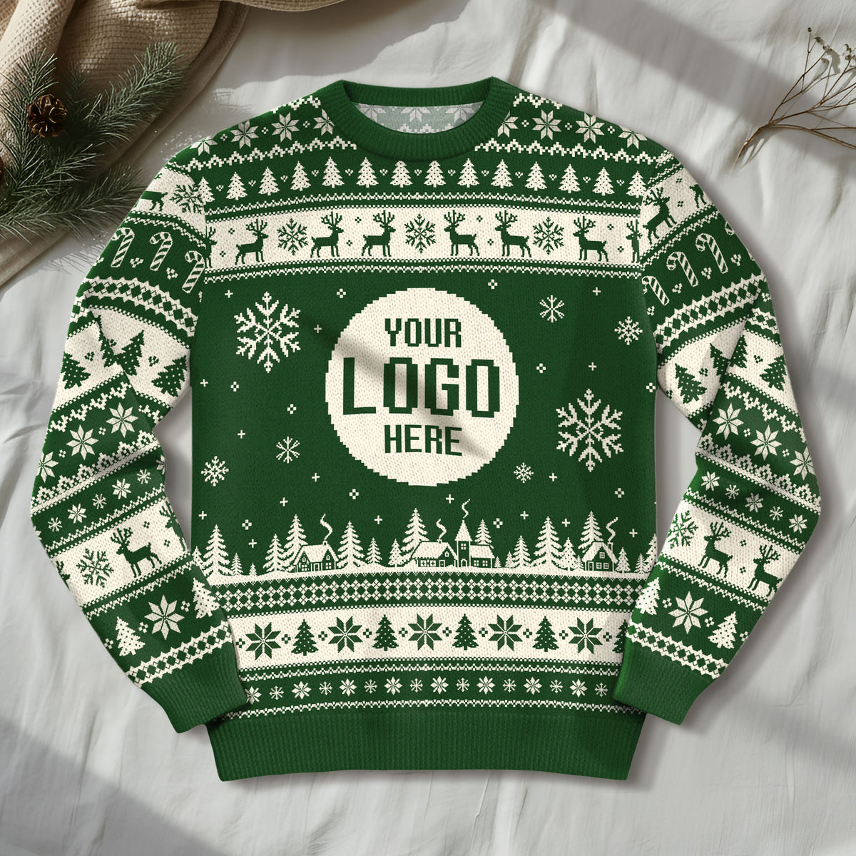 Custom Logo Ugly Christmas Sweater Reindeer Fair Isle Pattern Holiday Jumper
