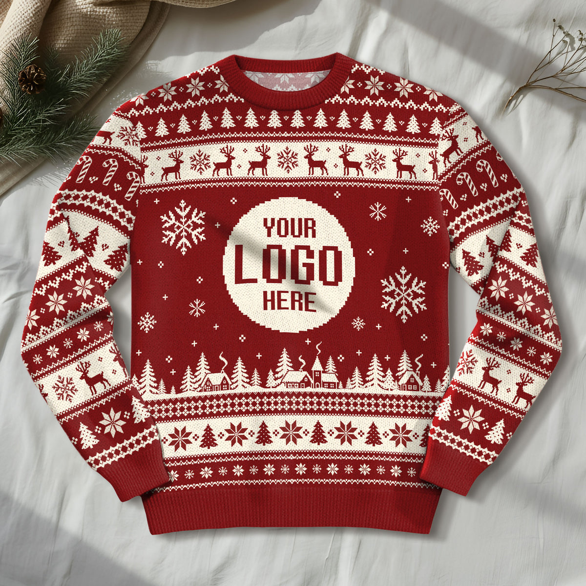 Custom Logo Ugly Christmas Sweater Red Reindeer Fair Isle Pattern Holiday Jumper