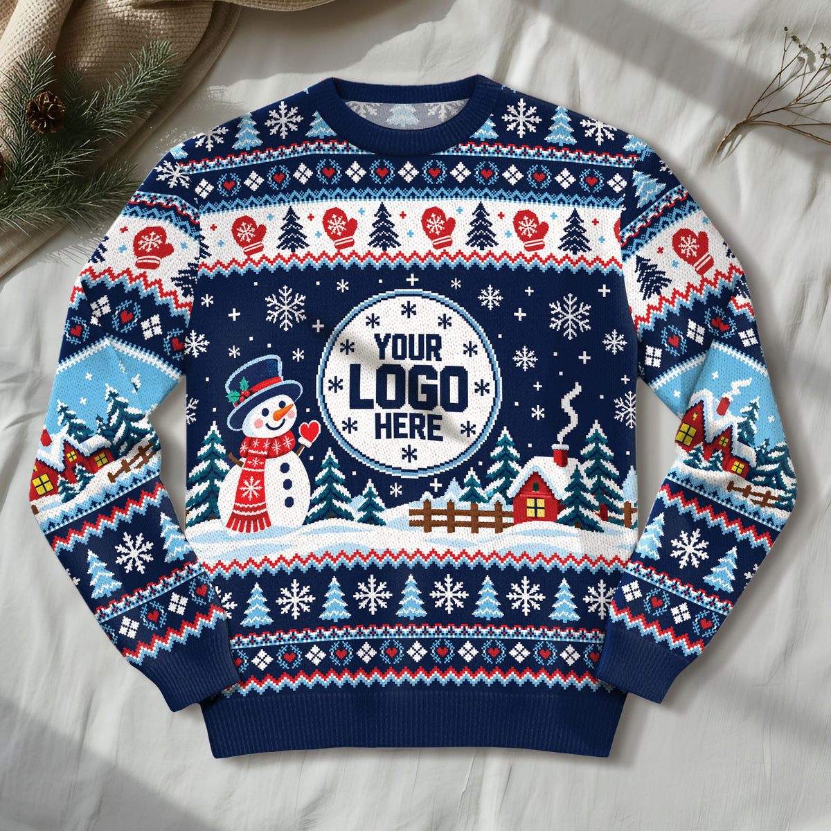 Custom Logo Ugly Sweater Snowman Winter Village Patterned Xmas Party Pullover