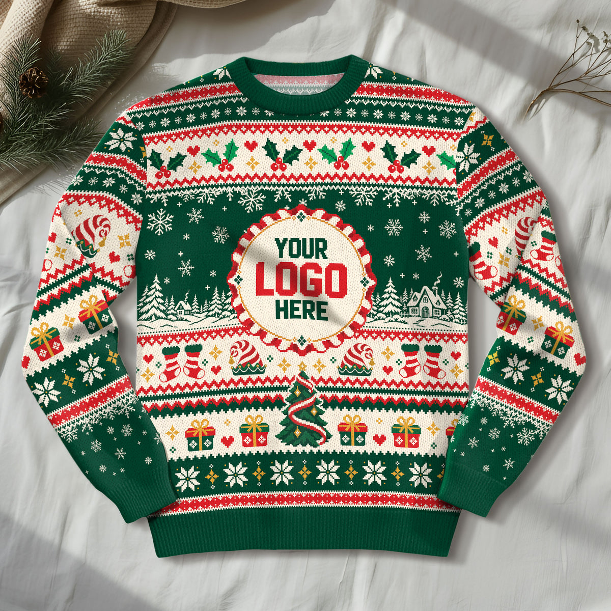 Custom Logo Ugly Christmas Sweater Holly Berry Stocking Patterned Holiday Jumper