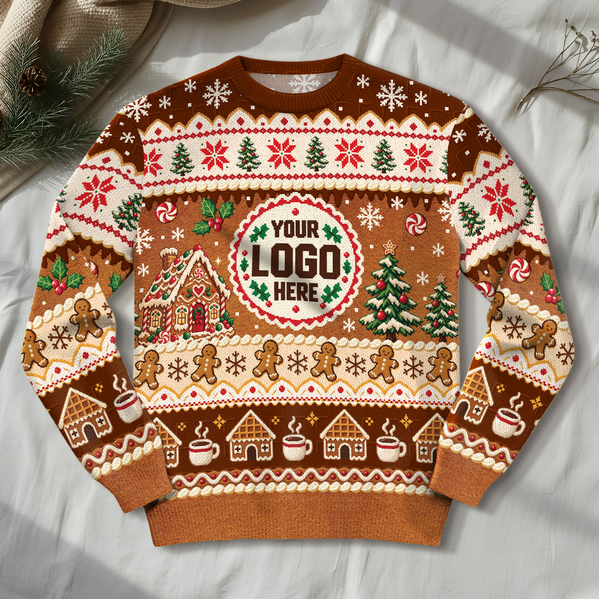 Custom Logo Ugly Christmas Sweater Gingerbread House Man Patterned Holiday Jumper