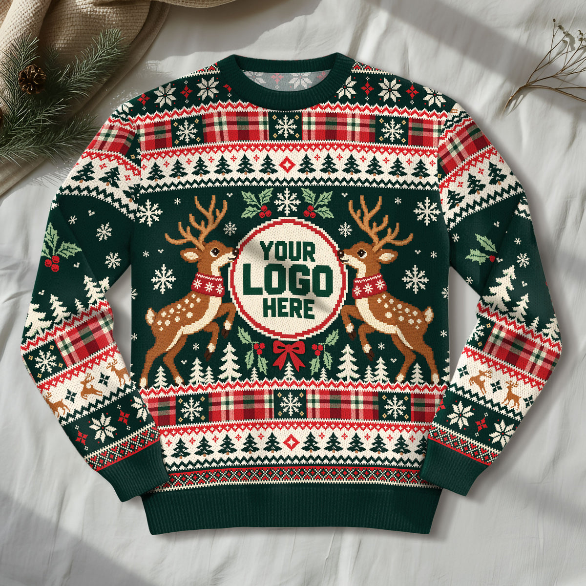 Custom Logo Ugly Sweater Green Reindeer Holly Berry Plaid Patterned Xmas Pullover