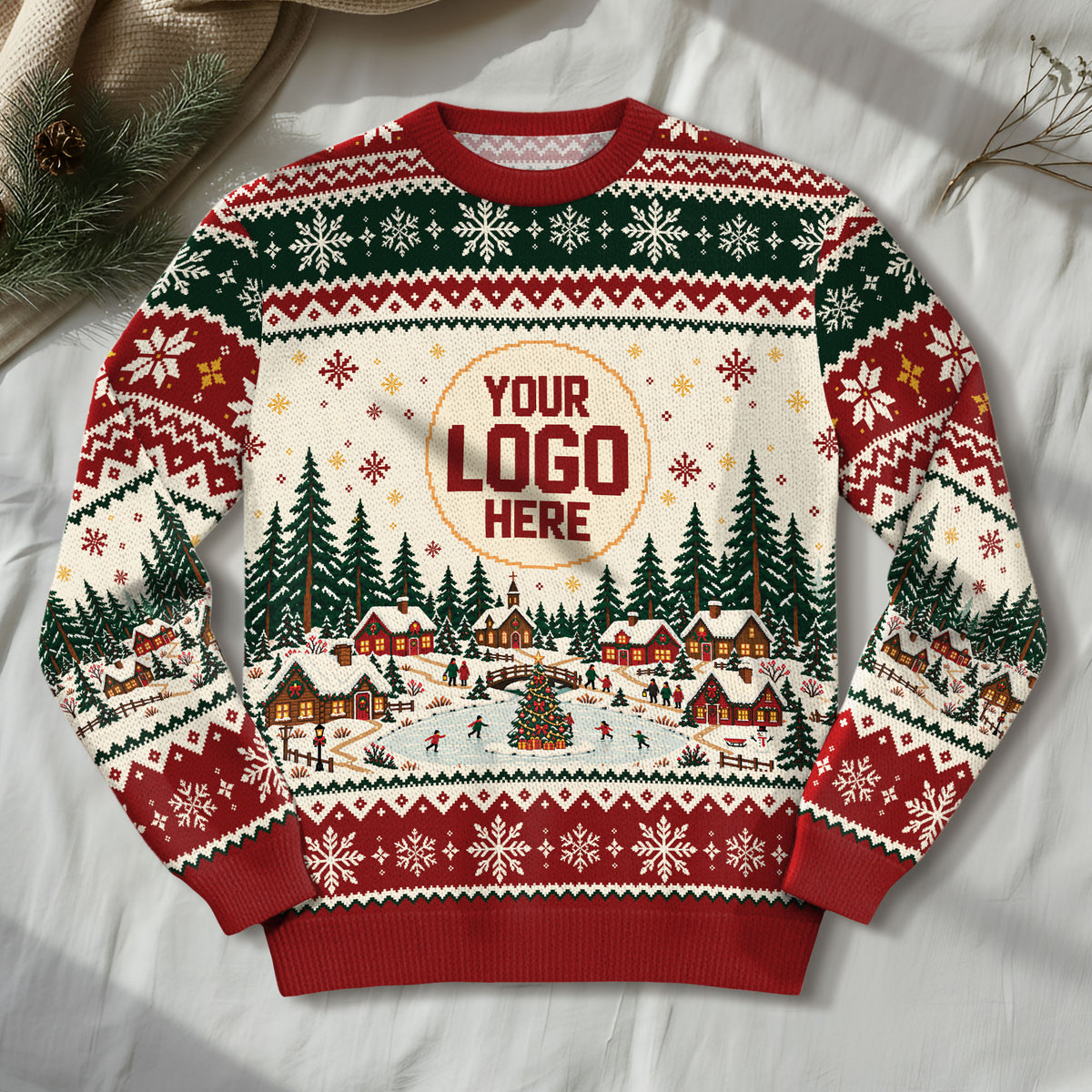 Custom Logo Ugly Christmas Sweater Snowy Village Ice Skating Patterned Holiday Jumper