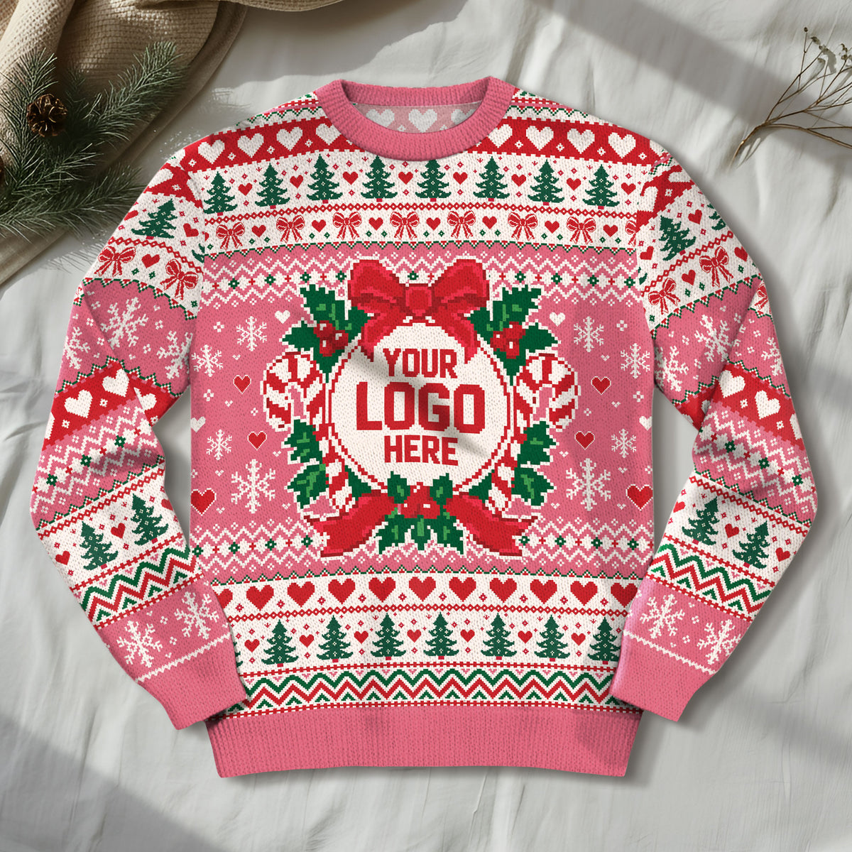 Custom Logo Ugly Christmas Sweater Pink Wreath Red Bow Heart Patterned Holiday Jumper