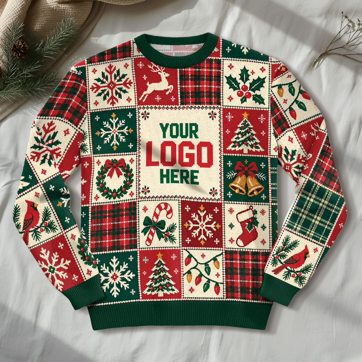 Custom Logo Ugly Christmas Sweater Patchwork Reindeer Plaid Grid Patterned Holiday Jumper
