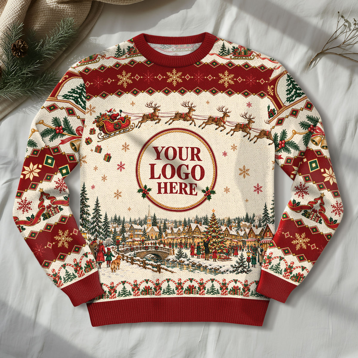 Custom Logo Ugly Christmas Sweater Vintage Santa Sleigh Reindeer Town Holiday Jumper