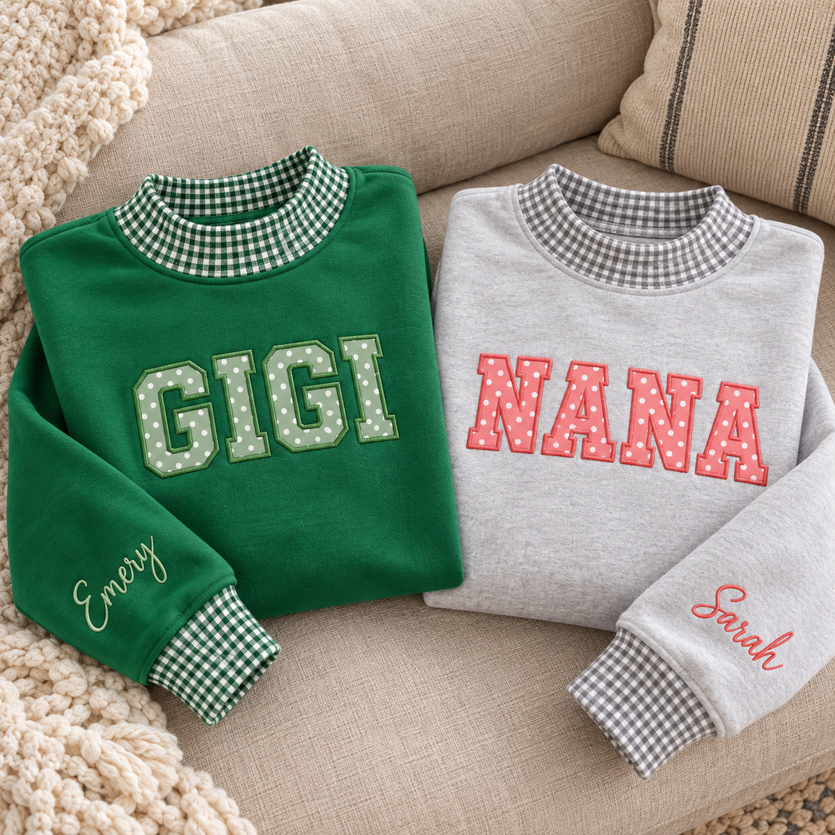 Custom Family Applique Embroid Name Gingham Collar Sleeve Pullover Mockneck Sweatshirt