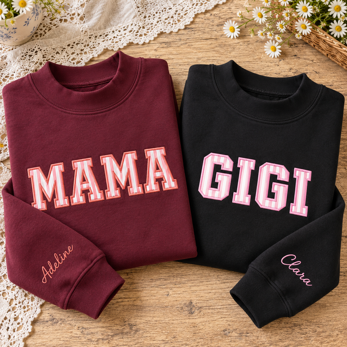 Custom Family Applique Embroid Coquette Bow Polka Dot Collar Mockneck Sweatshirt