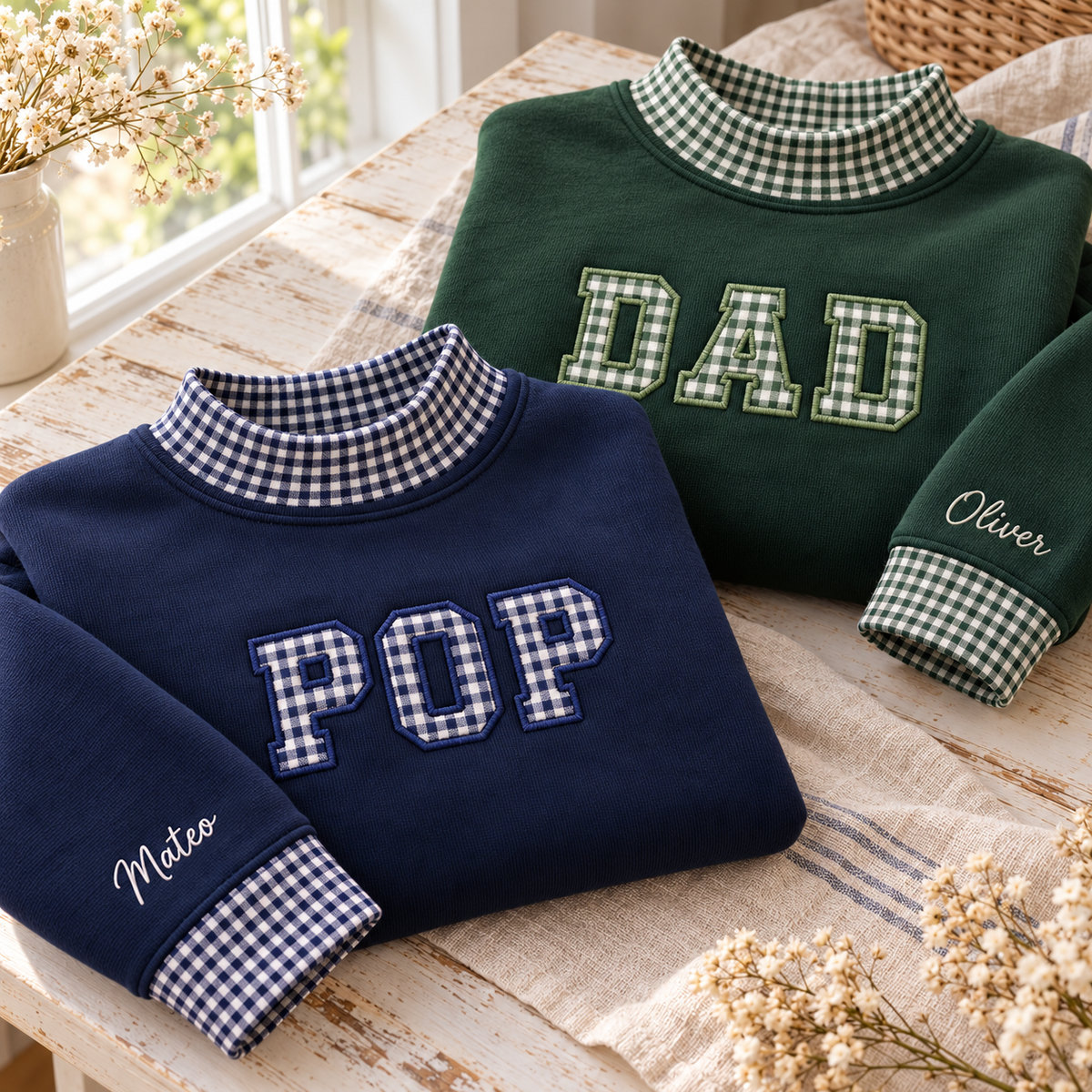 Custom Name Family Applique Embroid Gingham Polka Dot Collar Mockneck Sweatshirt