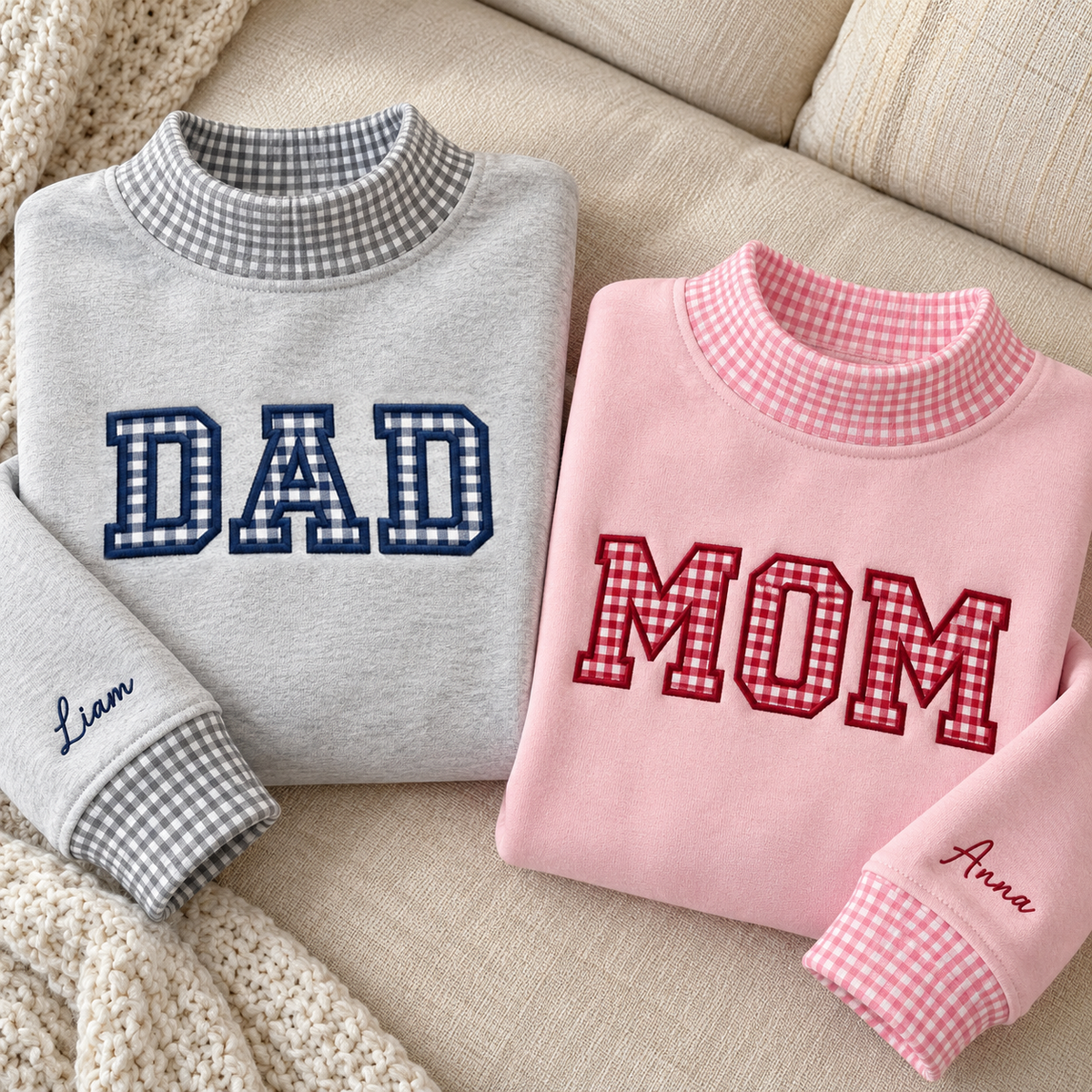 Custom Name Family Applique Embroid Stripe Gingham Collar Sleeve Mockneck Sweatshirt