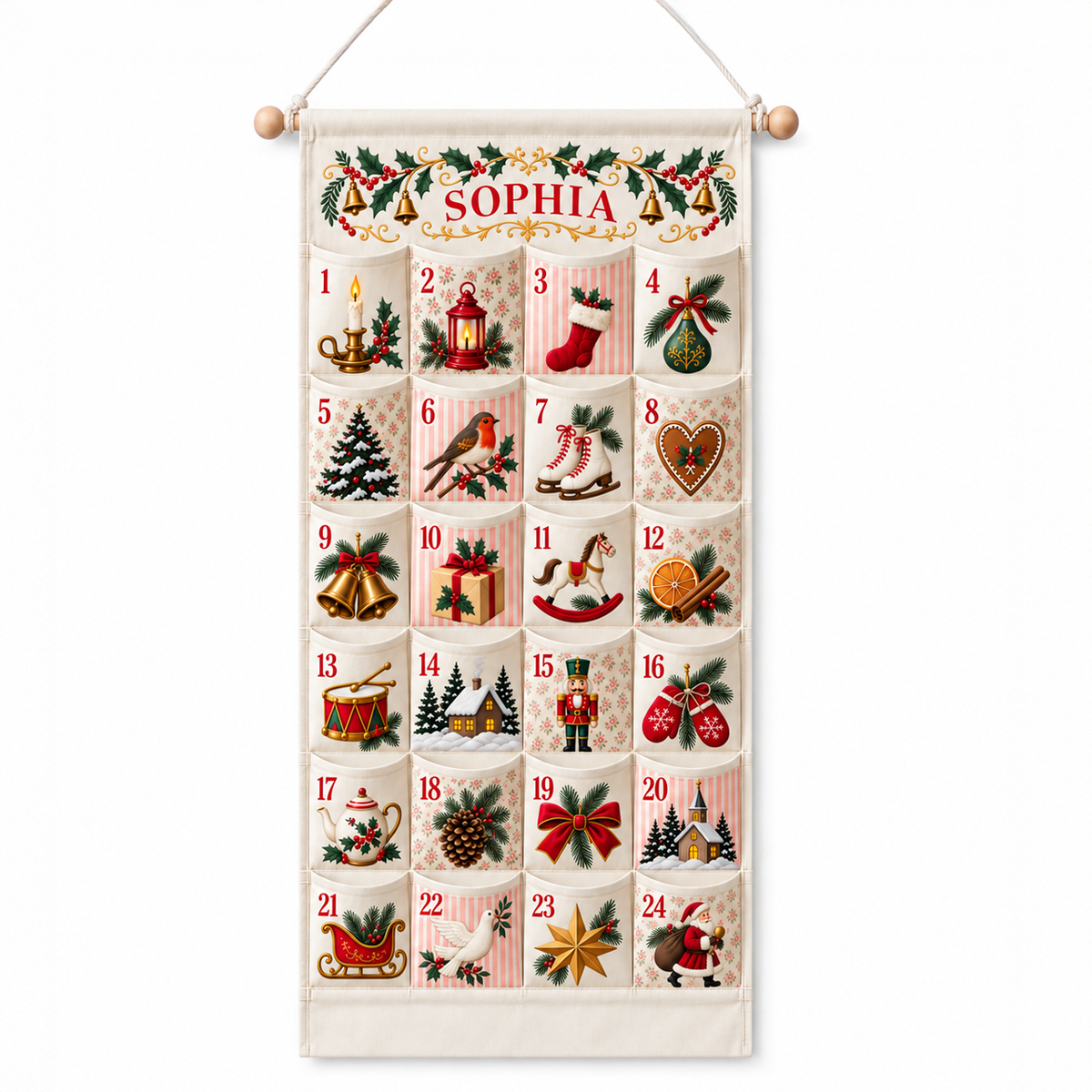 Custom Name Embroid Christmas Advent Calendar Classic Holiday Wall Hanging Pocket
