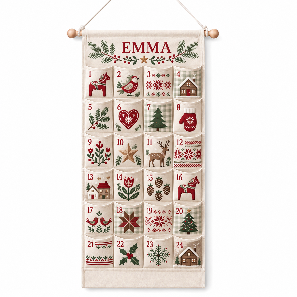 Custom Name Embroid Christmas Advent Calendar Nordic Folk Art Wall Hanging Pocket
