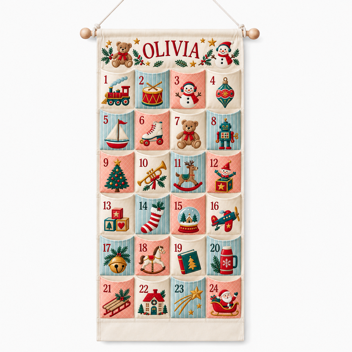 Custom Name Embroid Christmas Advent Calendar Retro Toy Train Wall Hanging Pocket