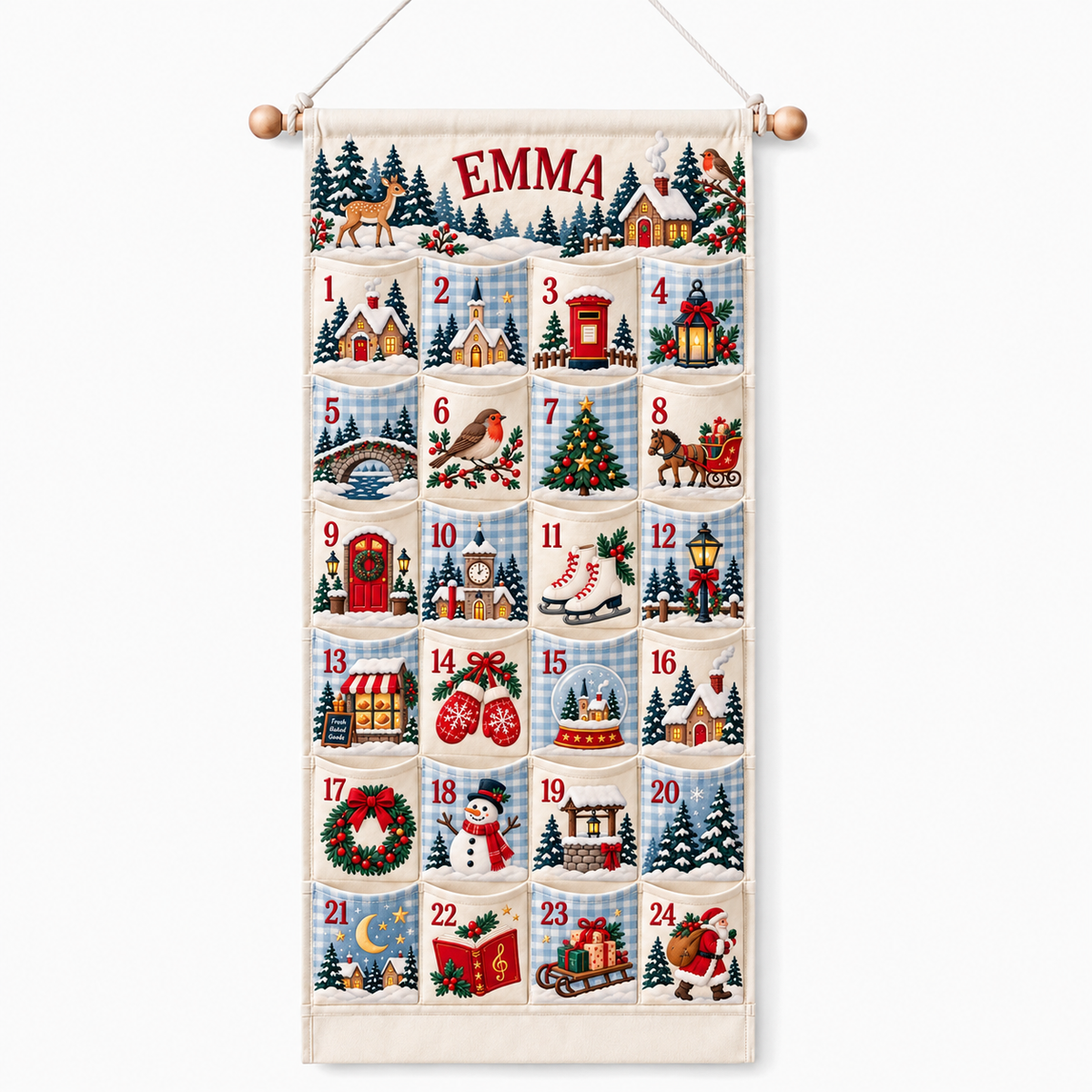 Custom Name Embroid Christmas Advent Calendar Country Village Wall Hanging Pocket