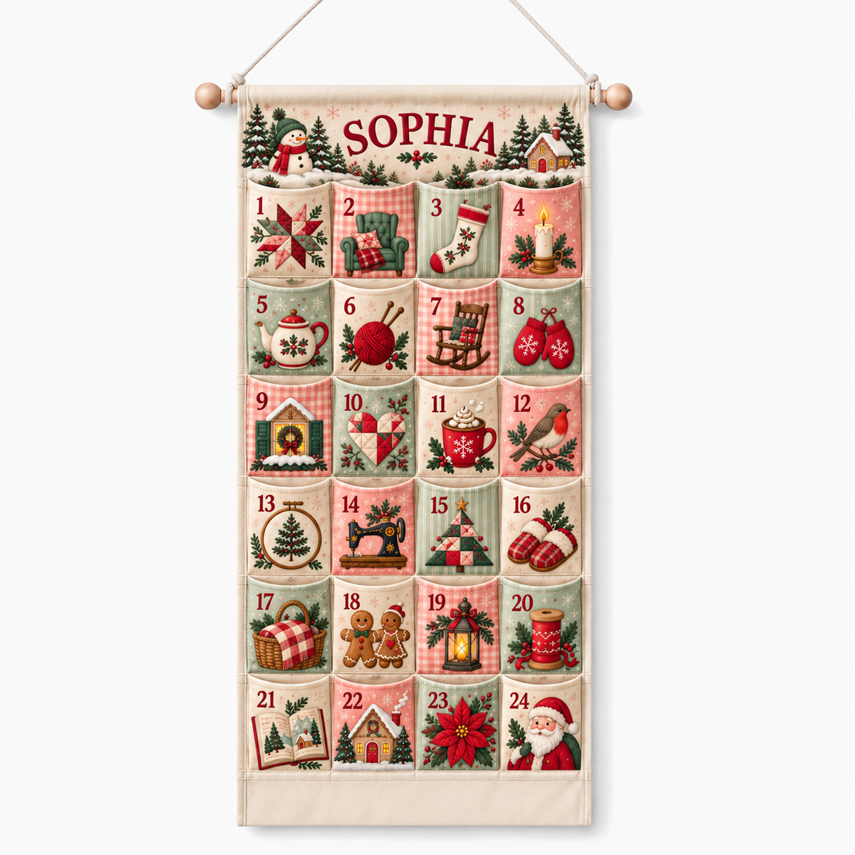 Custom Name Embroid Christmas Advent Calendar Cozy Handcraft Wall Hanging Pocket