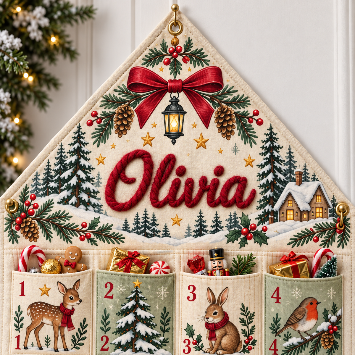 Custom Name Embroid Christmas Advent Calendar Woodland Animal Wall Hanging Pocket