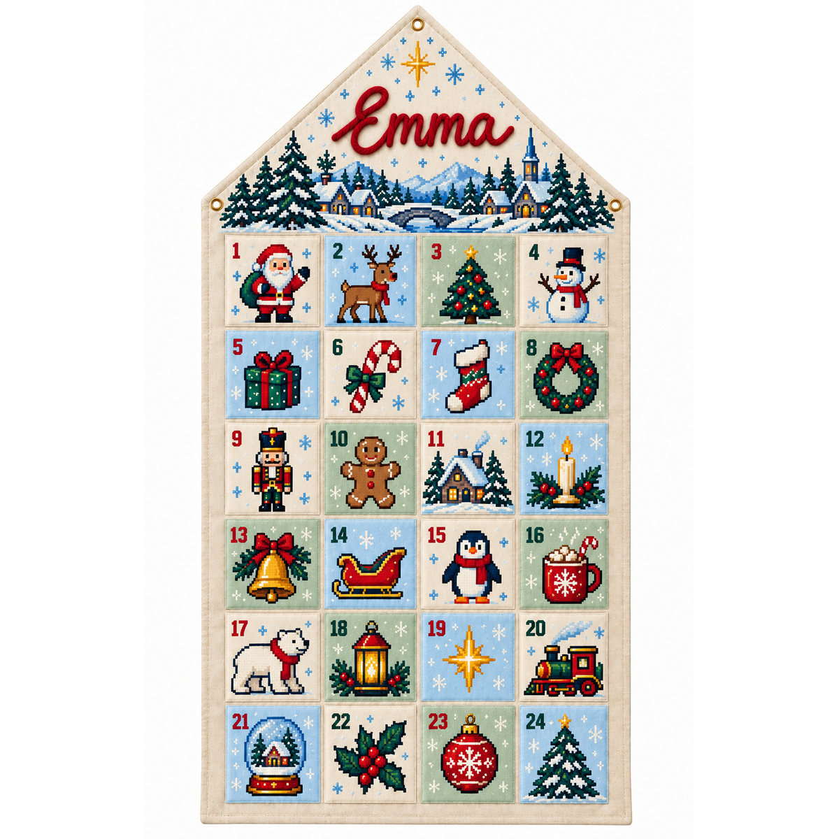 Custom Name Embroid Christmas Advent Calendar Pixel Art Santa Wall Hanging Pocket