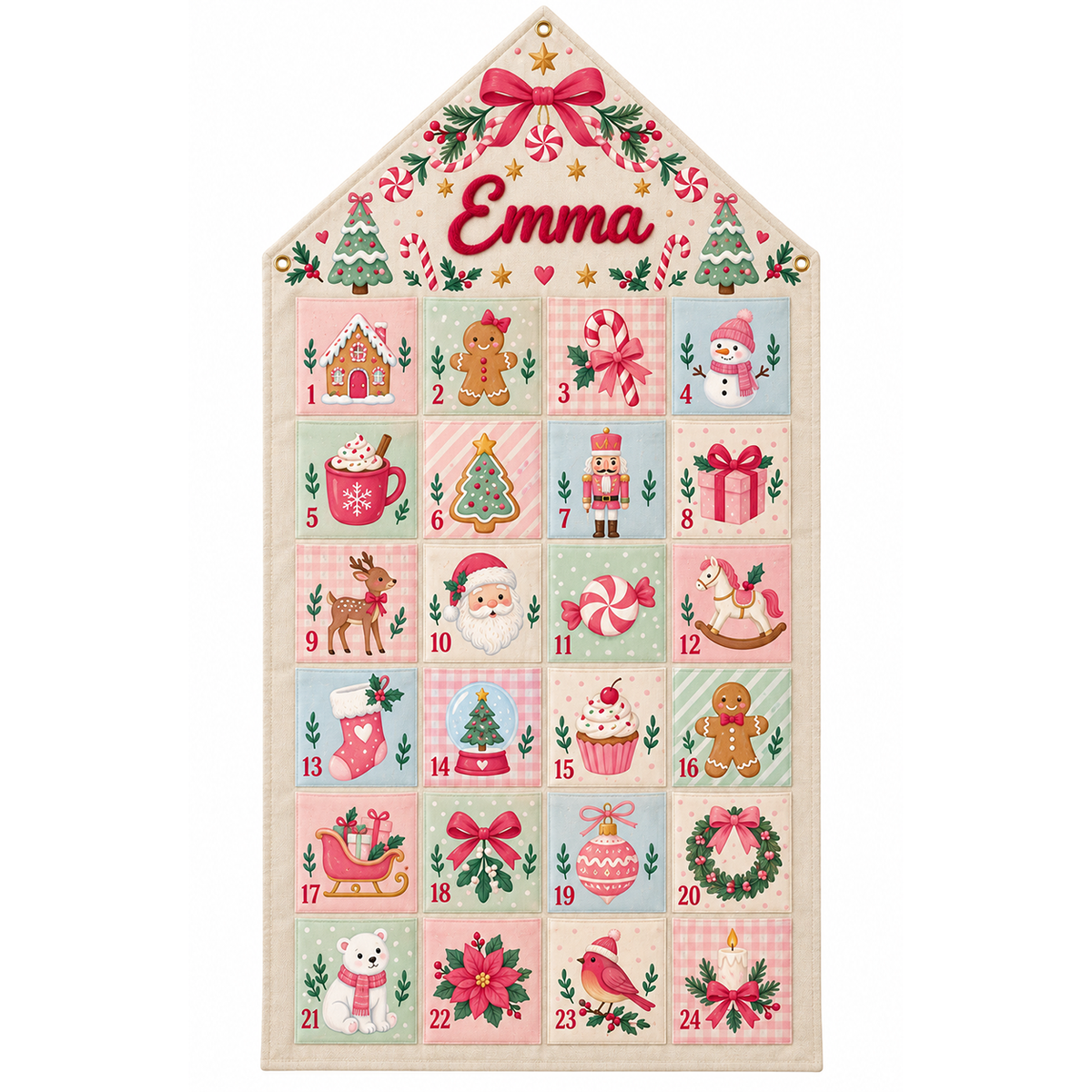Custom Name Embroid Christmas Advent Calendar Gingerbread Santa Wall Hanging Pocket
