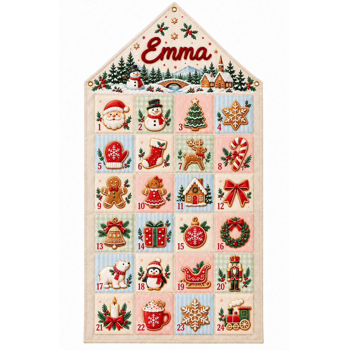 Custom Name Embroid Christmas Advent Calendar Gingerbread Snowman Wall Hanging Pocket