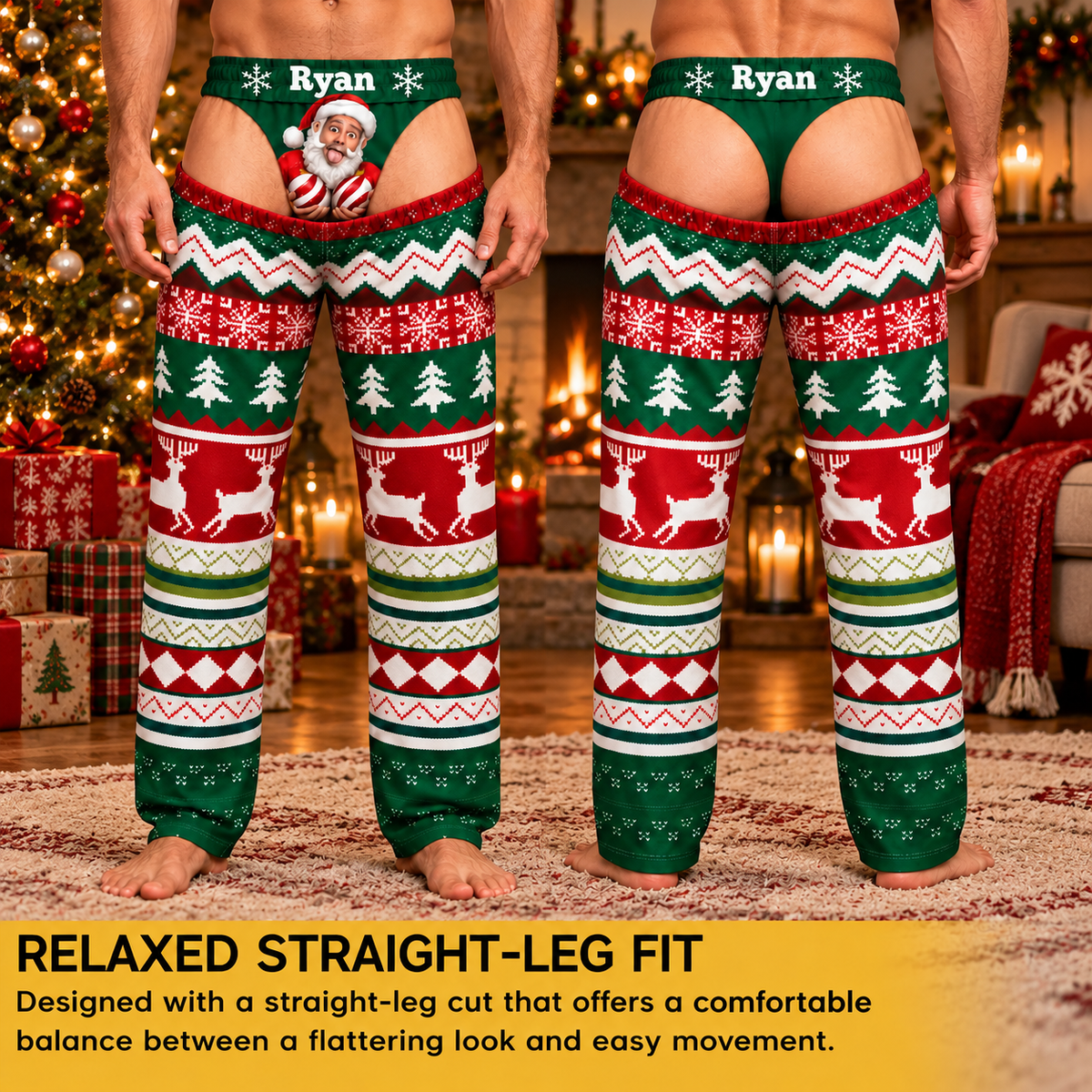 Custom Face Christmas Pajama Pants Personalized Photo Print Thong Underwear Loungewear