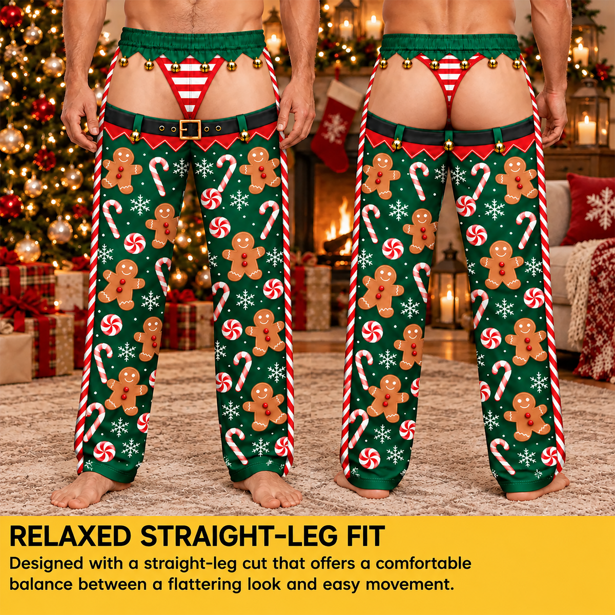 Custom Christmas Gingerbread Man Candy Cane Elf Thong Men Pajama Pants Sleepwear