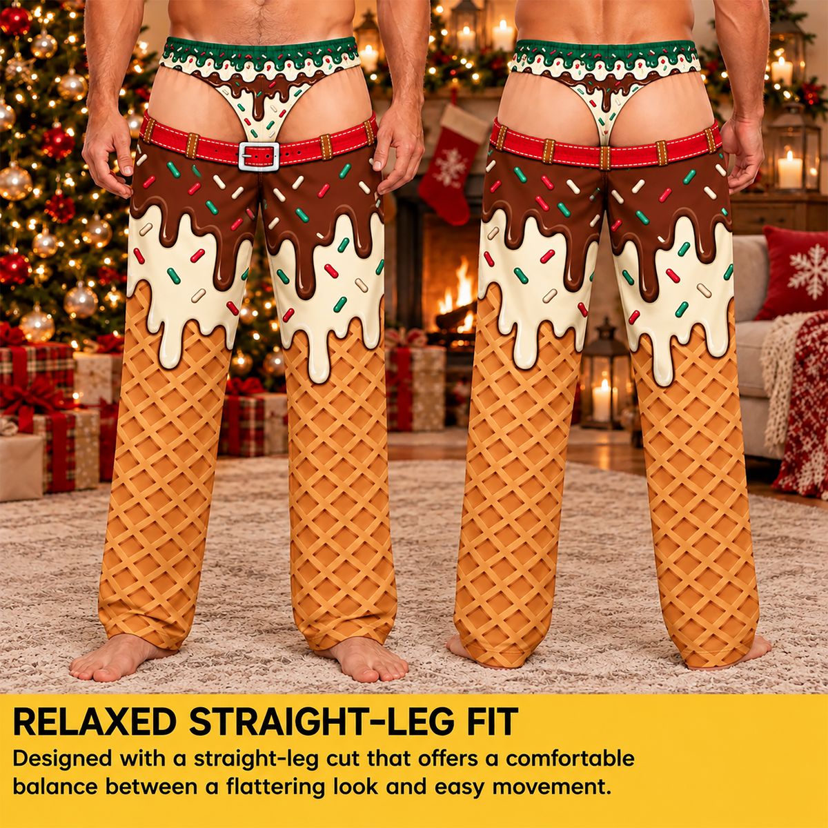 Custom Christmas Waffle Cone Chocolate Sprinkles Thong Men Pajama Pants Sleepwear