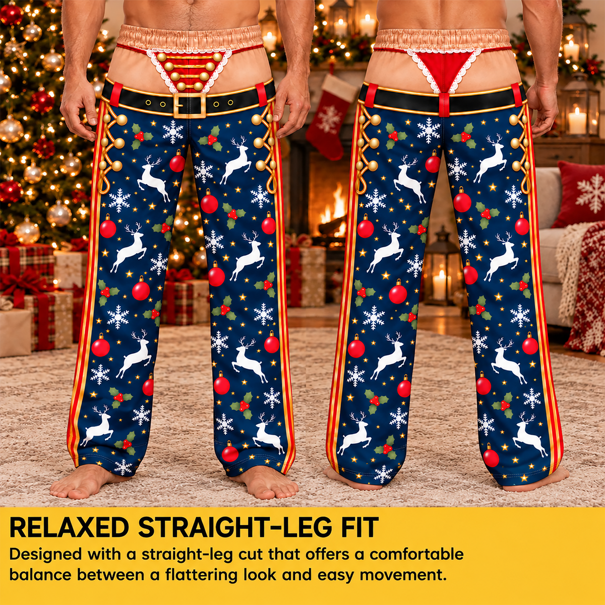 Custom Christmas Nutcracker Reindeer Bauble Thong Men Pajama Pants Sleepwear Bottoms